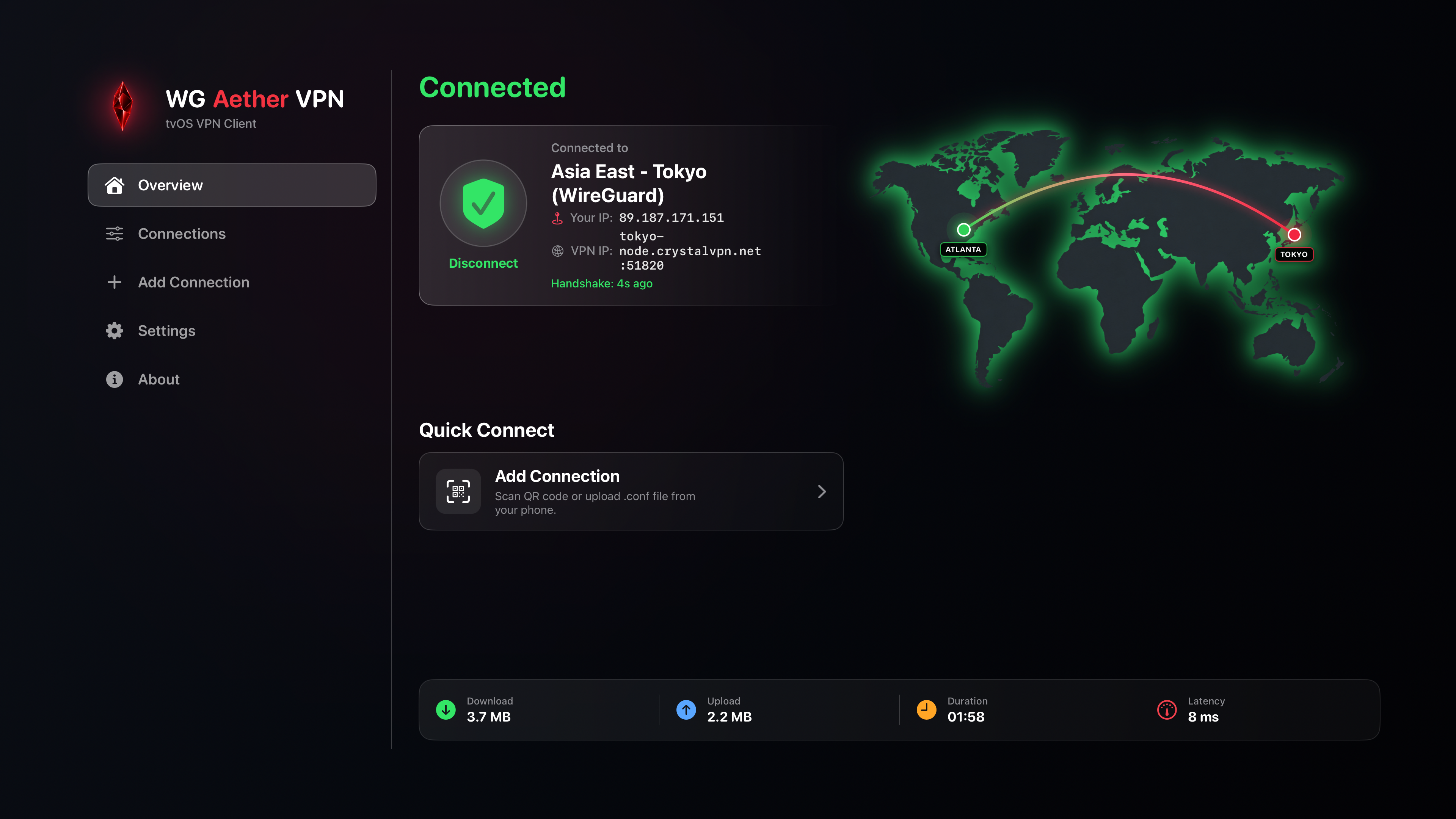 WG Aether VPN tvOS Home Dashboard